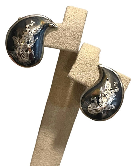 Vintage Siam Sterling 925 Niello Thai black enameled earrings clip on