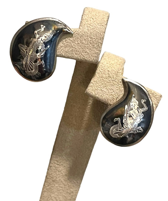 Vintage Siam Sterling 925 Niello Thai black enameled earrings clip on