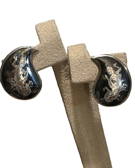 Vintage Siam Sterling 925 Niello Thai black enameled earrings clip on