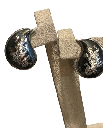 Vintage Siam Sterling 925 Niello Thai black enameled earrings clip on