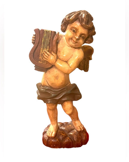 Antique 1910 Solid Wood Hand Carved Painted angel playing harp statue ITALY RARE