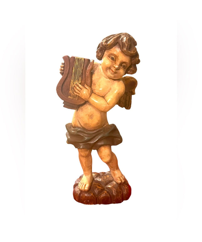 Antique 1910 Solid Wood Hand Carved Painted angel playing harp statue ITALY RARE