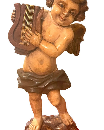 Antique 1910 Solid Wood Hand Carved Painted angel playing harp statue ITALY RARE