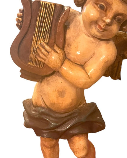 Antique 1910 Solid Wood Hand Carved Painted angel playing harp statue ITALY RARE
