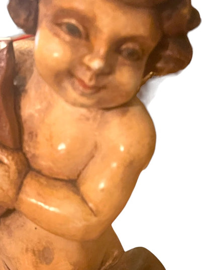Antique 1910 Solid Wood Hand Carved Painted angel playing harp statue ITALY RARE