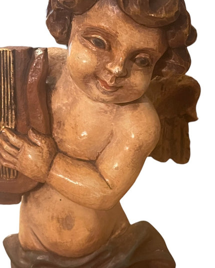 Antique 1910 Solid Wood Hand Carved Painted angel playing harp statue ITALY RARE