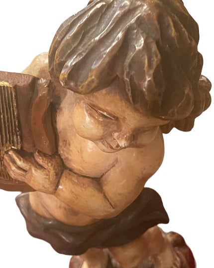 Antique 1910 Solid Wood Hand Carved Painted angel playing harp statue ITALY RARE