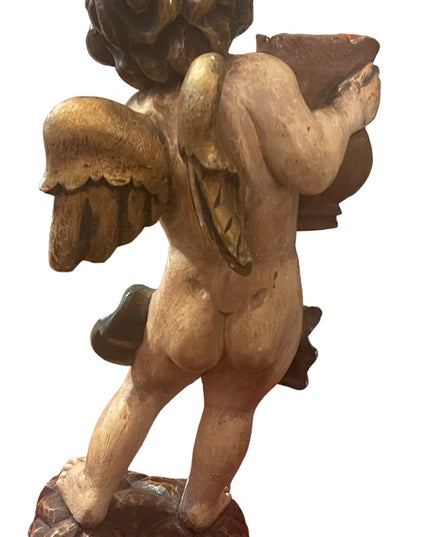 Antique 1910 Solid Wood Hand Carved Painted angel playing harp statue ITALY RARE