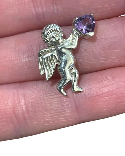 Sterling silver 925 Angel Holding Amethyst heart brooch (Small)