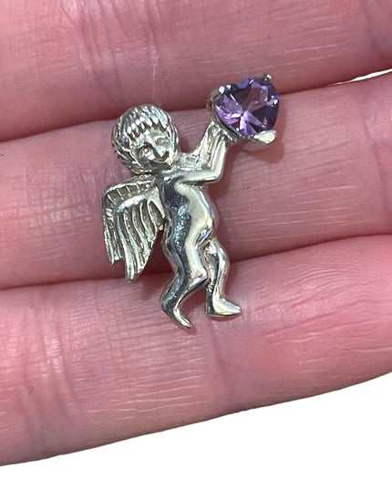 Sterling silver 925 Angel Holding Amethyst heart brooch (Small)
