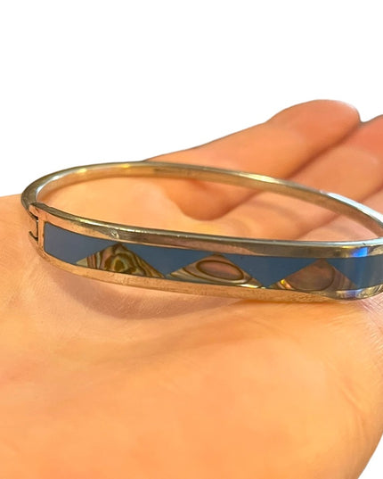 Modern Abalone Mexico blue enamel latched bangle bracelet handmade silver alpaca