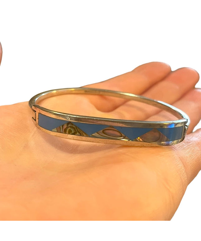 Modern Abalone Mexico blue enamel latched bangle bracelet handmade silver alpaca
