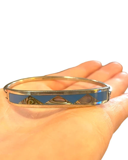 Modern Abalone Mexico blue enamel latched bangle bracelet handmade silver alpaca