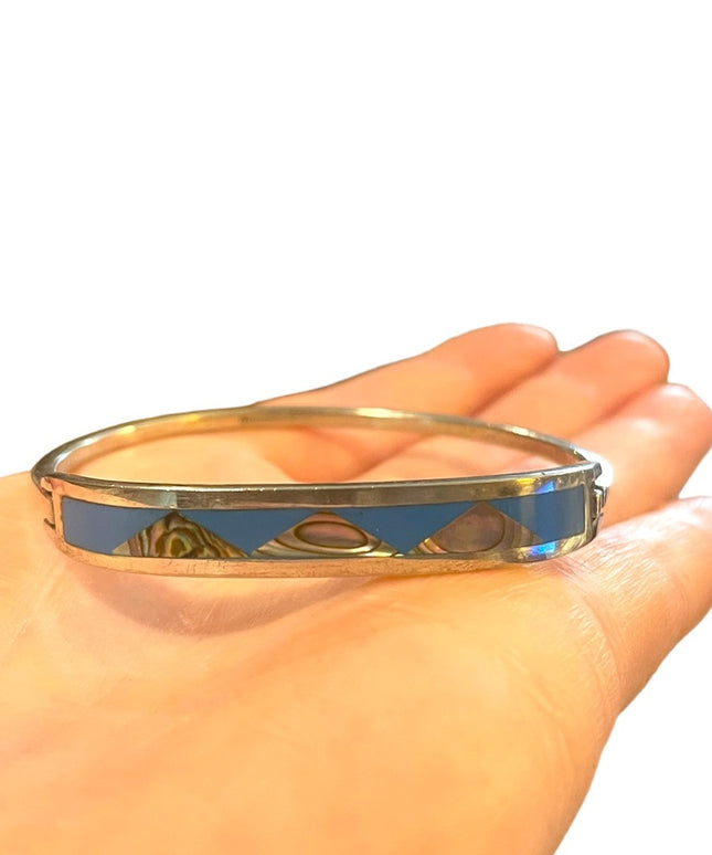 Modern Abalone Mexico blue enamel latched bangle bracelet handmade silver alpaca