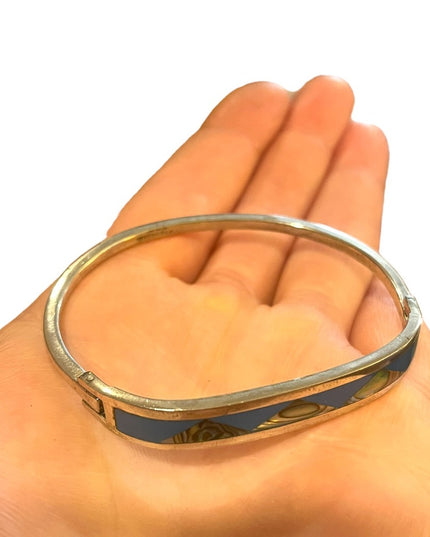 Modern Abalone Mexico blue enamel latched bangle bracelet handmade silver alpaca