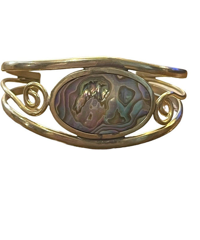 Vintage 1980s Mexico Alpaca Cuff bracelet Abalone wire work handmade
