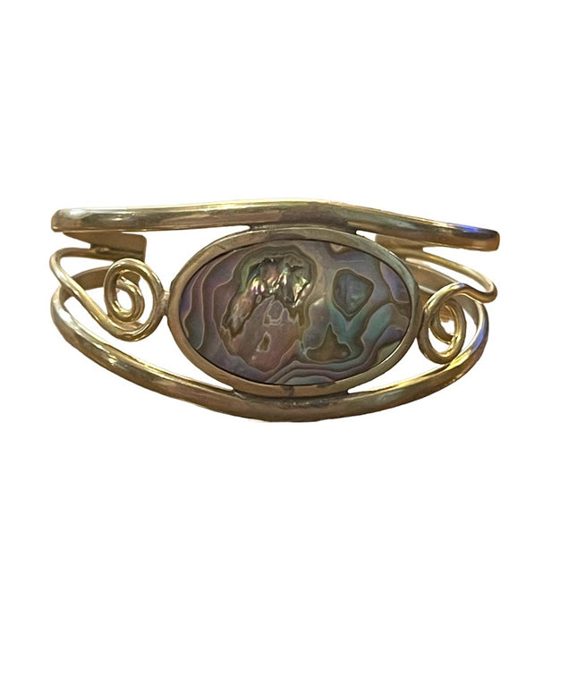 Vintage 1980s Mexico Alpaca Cuff bracelet Abalone wire work handmade