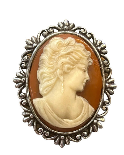 Vintage silver finish lg resin cameo brooch ornate design