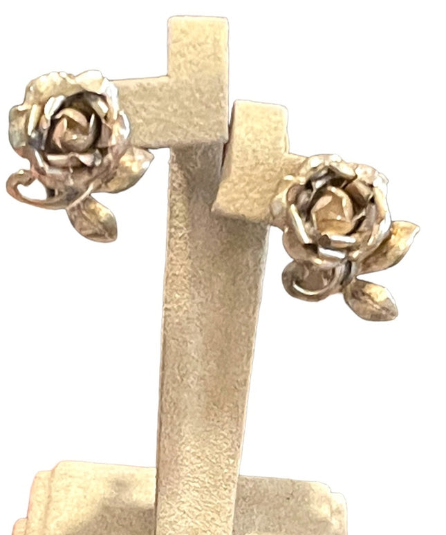 Antique German Silver Rose flower Screw back earrings