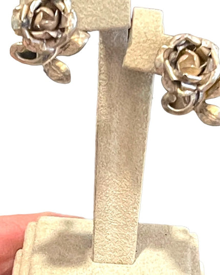 Antique German Silver Rose flower Screw back earrings