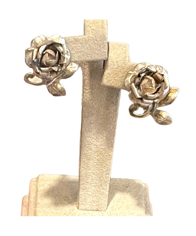 Antique German Silver Rose flower Screw back earrings