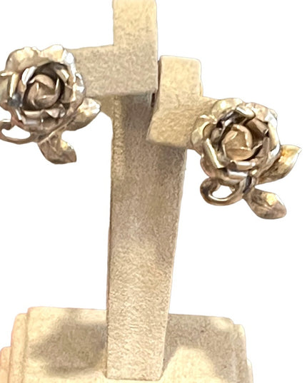Antique German Silver Rose flower Screw back earrings