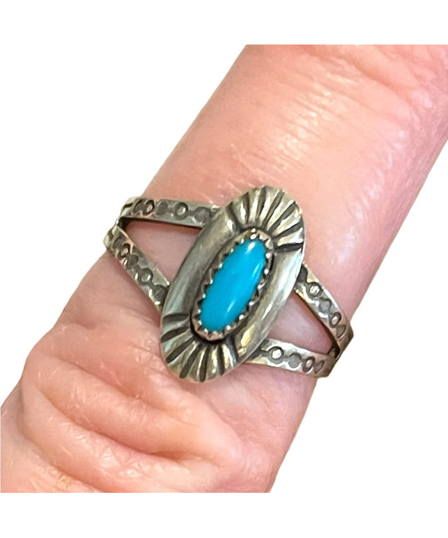 Vintage 1940s Handmade sterling silver 925 Navajo symbols turquoise ring South