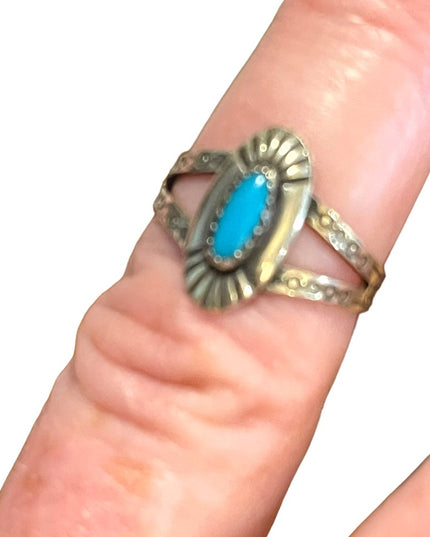 Vintage 1940s Handmade sterling silver 925 Navajo symbols turquoise ring South