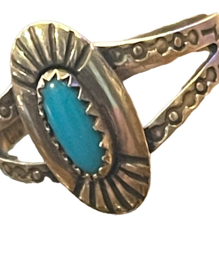 Vintage 1940s Handmade sterling silver 925 Navajo symbols turquoise ring South