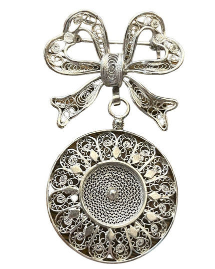 Antique 800 silver filagree Bow and disk dangle brooch intricate wire work