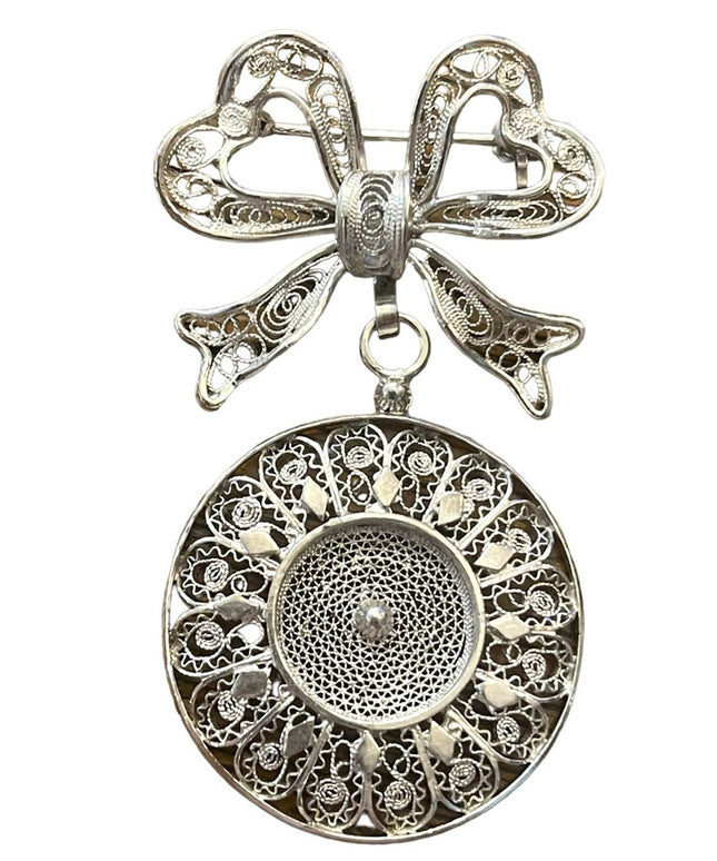 Antique 800 silver filagree Bow and disk dangle brooch intricate wire work