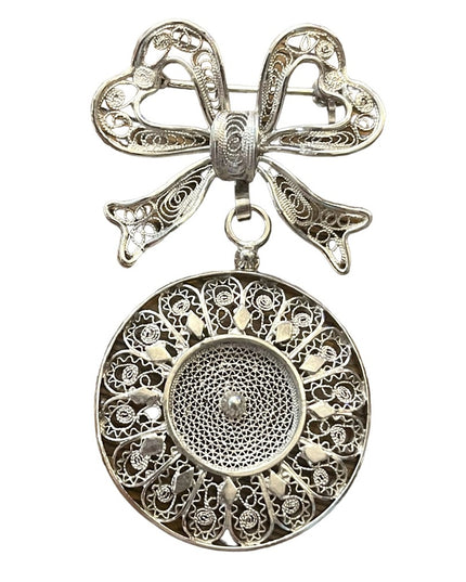 Antique 800 silver filagree Bow and disk dangle brooch intricate wire work