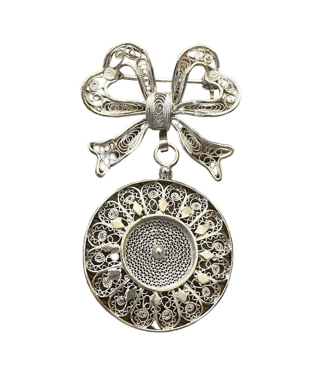 Antique 800 silver filagree Bow and disk dangle brooch intricate wire work