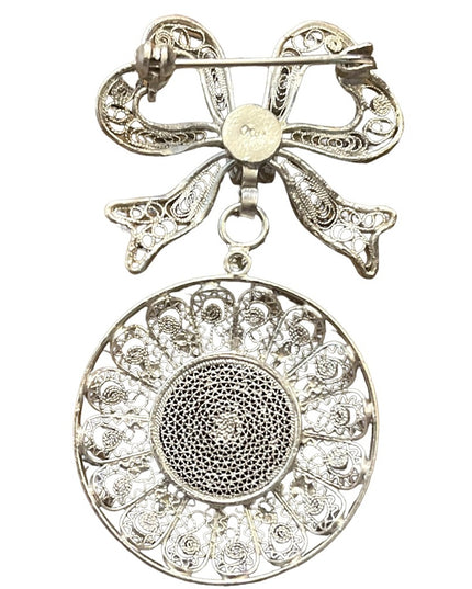 Antique 800 silver filagree Bow and disk dangle brooch intricate wire work