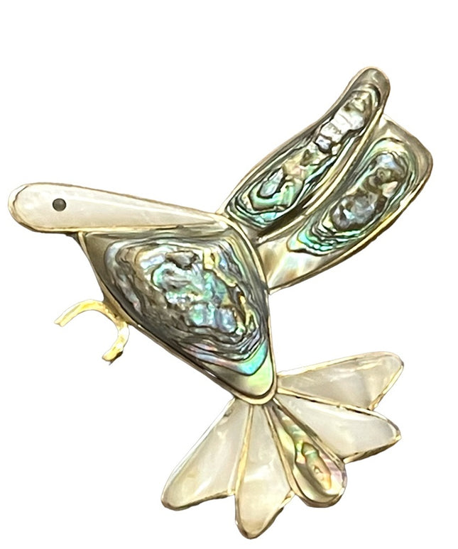Vintage Mexico Abalone MOP handmade bird brooch silver Alpaca