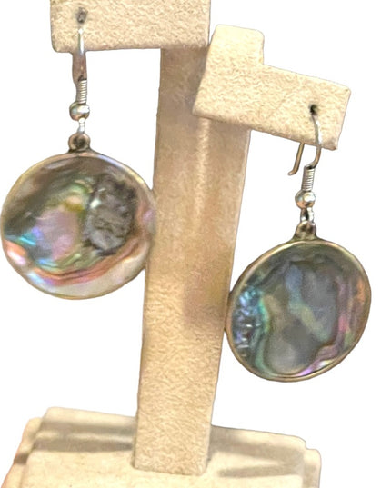 Vintage 90s Mexico Alpaca Abalone disk dangle earrings