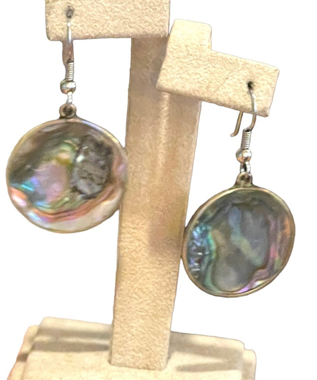 Vintage 90s Mexico Alpaca Abalone disk dangle earrings