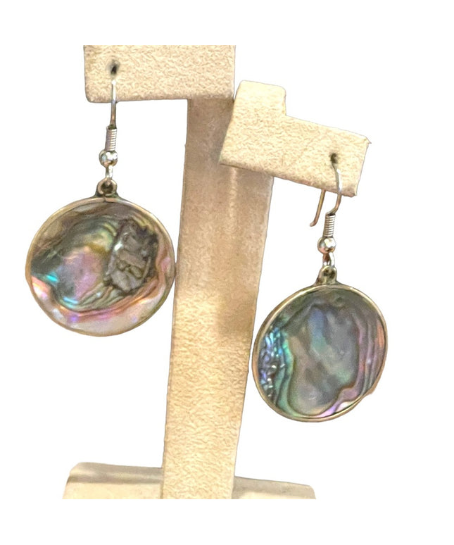 Vintage 90s Mexico Alpaca Abalone disk dangle earrings