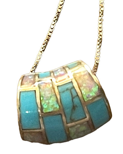 Vintage Zuni sterling 925 fire opal turquoise pendant & chain necklace