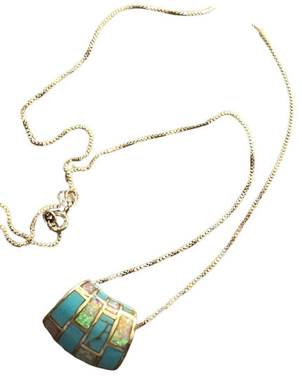 Vintage Zuni sterling 925 fire opal turquoise pendant & chain necklace