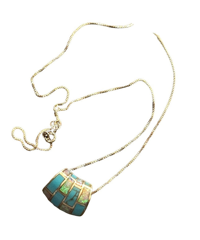 Vintage Zuni sterling 925 fire opal turquoise pendant & chain necklace