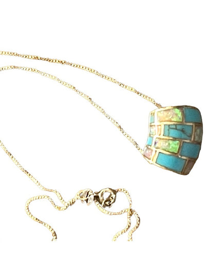 Vintage Zuni sterling 925 fire opal turquoise pendant & chain necklace