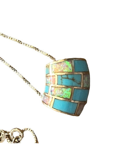 Vintage Zuni sterling 925 fire opal turquoise pendant & chain necklace