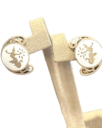Vintage sterling silver 925 Siam Thai goddess white enamel clip on earrings