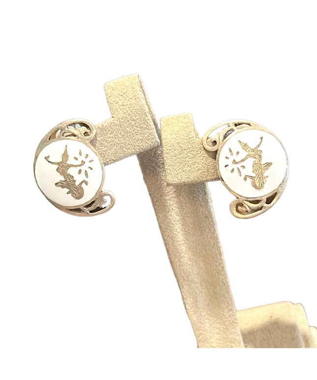 Vintage sterling silver 925 Siam Thai goddess white enamel clip on earrings
