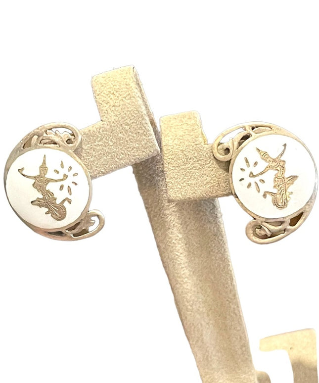 Vintage sterling silver 925 Siam Thai goddess white enamel clip on earrings