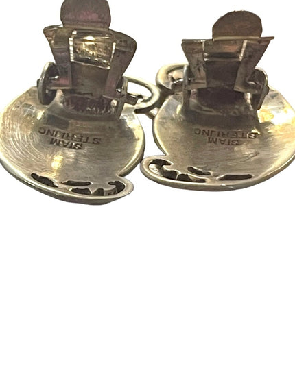 Vintage sterling silver 925 Siam Thai goddess white enamel clip on earrings