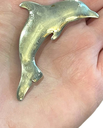 Vintage Artist signed handmade large sterling silver 925 dolphin brooch