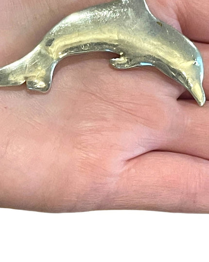 Vintage Artist signed handmade large sterling silver 925 dolphin brooch