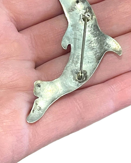 Vintage Artist signed handmade large sterling silver 925 dolphin brooch